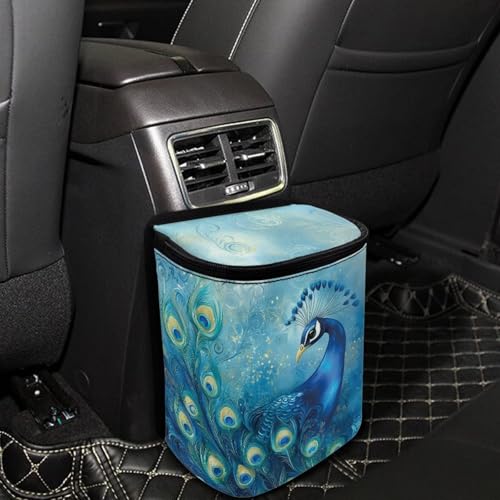 Image of Talayituse Blue Peacock Print Car Trash Bin, Large Size Auto Trash Can Adjustable Portable Garbage Can with Lid, Vehicle Hanging Bag for Headrest Front Back Seat