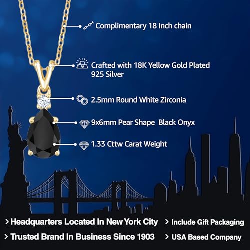 Gem Stone King 18K Yellow Gold Plated Silver Black Onyx Pendant Necklace For Women (1.33 Cttw, Gemstone December Birthstone, Pear Shape 9X6MM, with 18 inch Chain)2