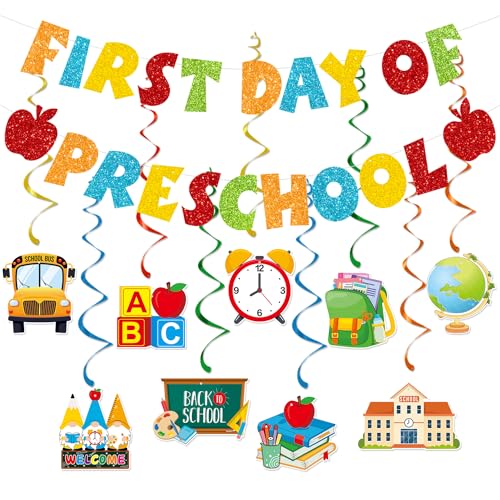 CAVLA Colorful Glittery First Day of Preschool Banner with Apple Signs First Day of School Garland Banner Welcome Back To School Party Decorations Supplies Kids 1st Day of Preschool Classroom Office