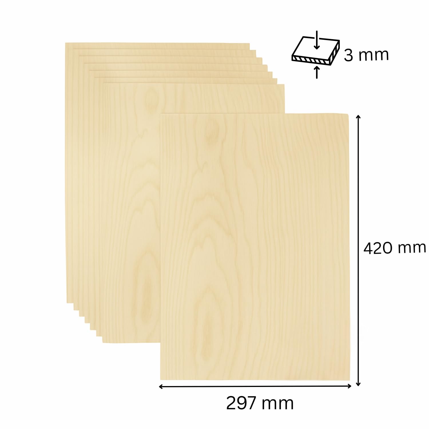 10 pezzi fogli di compensato di betulla (A3, 420 x 297 x 3 mm), di alta qualità, per lavori di bricolage, tagli in legno, modellismo