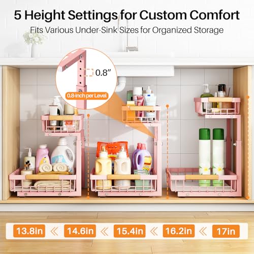 Image of PXRACK Under Sink Organizer, Adjustable Height, 2 Tier Pull Out Under Cabinet Organizer, Slide Out Thickened Metal Under Sink Storage for Kitchen Bathroom Laundry Pantry Cabinet, Pink, Large-1-Pack