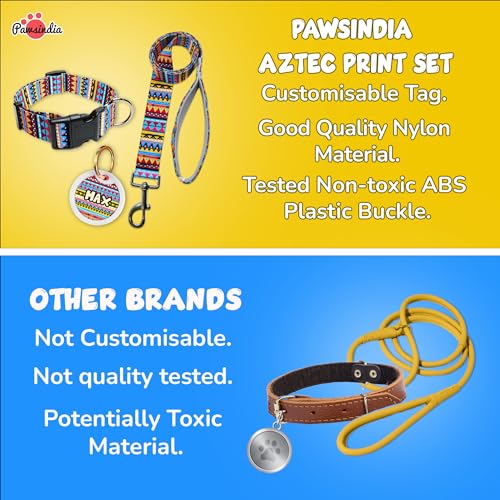 Image of Pawsindia Nylon Leash and Collar with Name Tag for Dogs, Ethnic Print with 1.5 Inches Width Adjustable Collar and 4 Feet Heavy Duty Leash with Customize Nametag