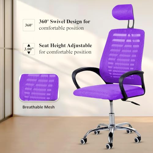 Image of Casa Copenhagen,Mesh Office Desk Chair,Rocking Chairs Ergonomic Computer Chair Adjustable High with Headrest and Comfortable Armrest Swivel Chair - Purple & Black Handle