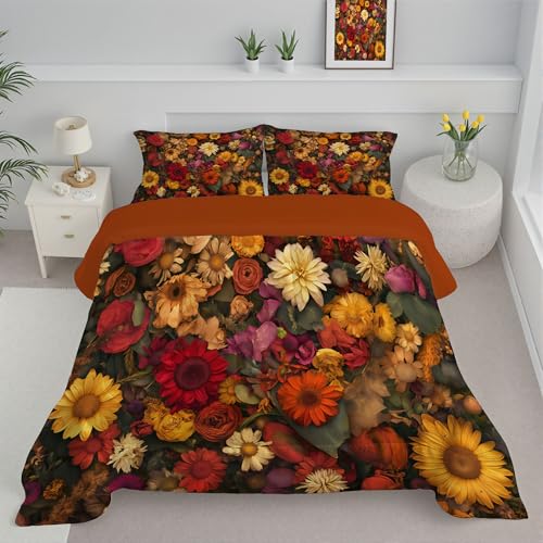 DLERFLOVR Trapunta Letto Matrimoniale 260x230cm Piumino Reversibile Bellissimi Fiori Secchi Piumino Trapuntato Primaverile Autunnale Fiori Autunnali Leggero Caldo con Federe, Marrone