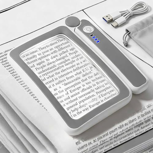 Rechargeable Magnifying Glass with Light 5X Large Rectangular Page Magnifier 12 Dimmable LEDs Folding Handheld Reading Magnifier for Seniors Low Vision