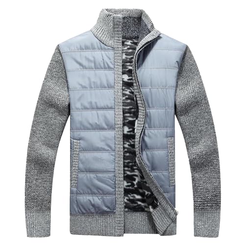 JEKE-DG Men's Full Zip Knitted Cardigan Sweater Casual Slim Thick Outwear Stand Collar Fleece Lined Warm Sweatshirts (Large,Light Gray 1)