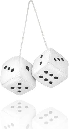 Par de dados de felpa blancos peludos de 2.75 pulgadas clásico vintage dados nostálgicos de los años 80 para espejo para espejos interiores de