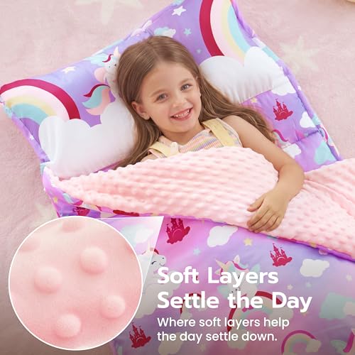 Image of JOIEDOMI Toddler Nap Mat with Removable Pillow and Minky Blanket 55''x30'' Kids Sleeping Bag for Boys and Girls Ages 3-6 Roll Up Soft Nap Mats for Preschool Kindergarten Daycare Sleepover