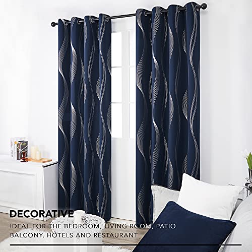 Deconovo Thermal Insulated 84 Inch Blackout Curtains 2 Panel Set For Bedroom, With Silver Print Wave Striped Pattern- Black Out Light Blocking Panels For Living Room- Navy Blue, 52W X 84L Inch #TOP2