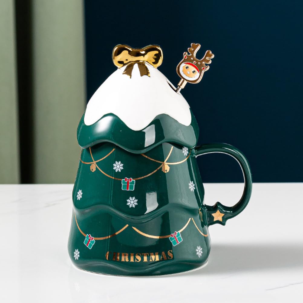 Cabilock 500ml Weihnachtstasse Groß mit Deckel & Löffel - Keramik Kaffeebecher Tannenbaum Grün, Lustige Teetasse für GlühweinKakao, Kaffeebecher & Milchtasse, Weihnachtsgeschenke für Frauen & Büro