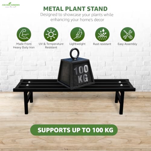 Image of Anandi Greens Black Heavy Duty Metal Plant Stand for Outdoor Balcony Indoor Living Room and Garden Iron Flower Pot Stand for Plants Rust Resistant Plant Pot Holder Rack for Grow Bags, Planters and Pots Supports Up to 100 kg 76.2 x 20.32 x 17.78 cm