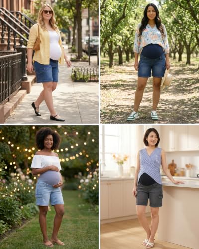 Image of PACBREEZE Women's Maternity Jean Shorts Over Belly Stretch Denim Shorts Trendy Summer Pregnancy Clothes