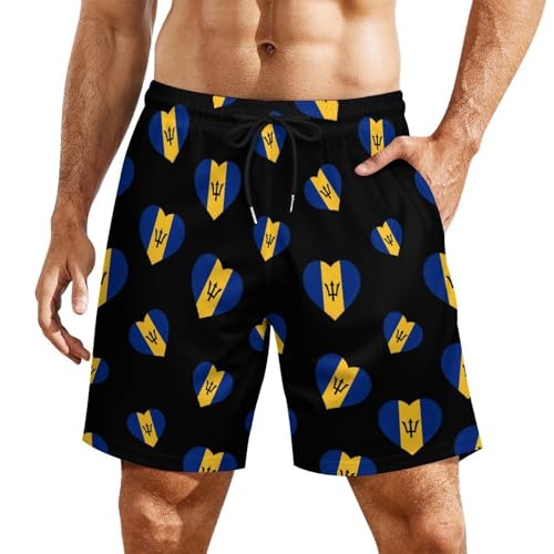 Flag of Barbados Heart Mens Swim Trunks Swimming Board Shorts with Compression Liner Summer Beach Bottom