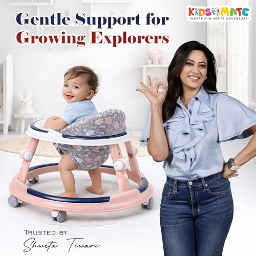 Image of Kidsmate Kiddo Baby Walker for Babies of Ages 6-24 Months | 3 Level Height Adjustable Baby Walkers, Seat Adjustment, 360 Rotating Wheels | Foldable Design & Soft Breathable Cushion Seat - Soft Pink