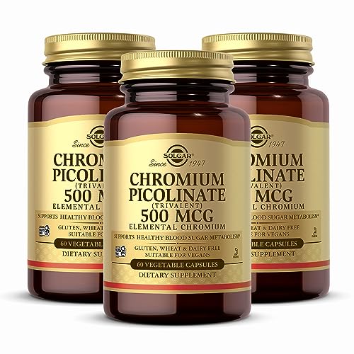 Solgar Chromium Picolinate 500 mcg - 60 Vegetable Capsules Pack of 3 - Supports Sugar Fat & Protein Metabolism - Non-GMO Gluten Free Kosher - 90 Total Servings