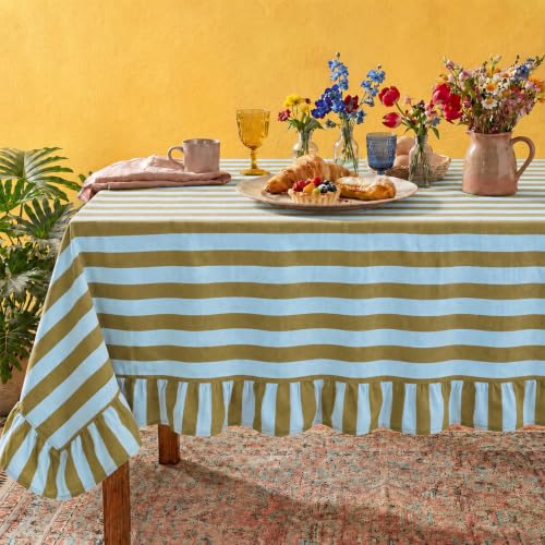 Tudomro Striped Tablecloth, Rectangle, Olive Green, Light Blue, 84'' X 60'' by Tudomro - Used condition - US$34.83