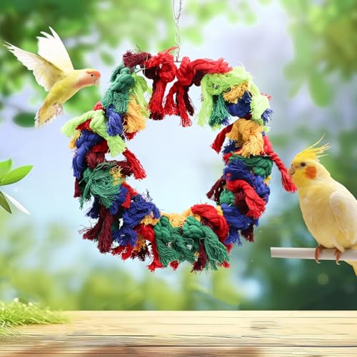Image of Bird Ring Swing Toys, Bird Perch Stand Toy, Colorful Cotton Rope Parrot Chewing Toys, Bird Cage Accessories for Birds Parrots Cockatiels Parakeets