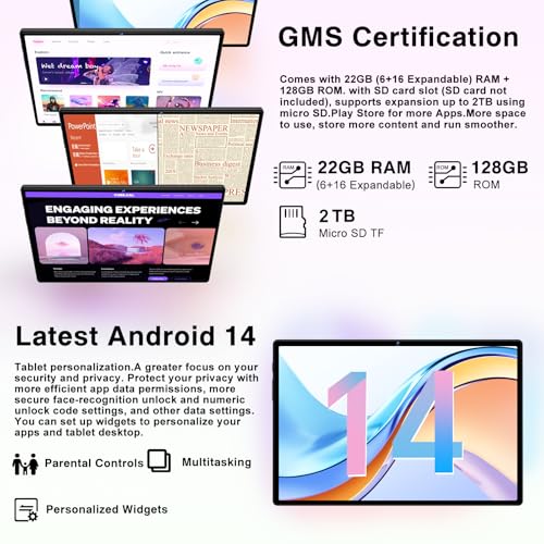 Image of Android 14 Tablet 10.1 Inch 8000mAh Battery Tablets with 22GB RAM 128GB ROM 2TB Expand, Octa-Core HD Touchscreen Tablet with Keyboard, Mouse, Support Widevine L1, Split-Screen - Black