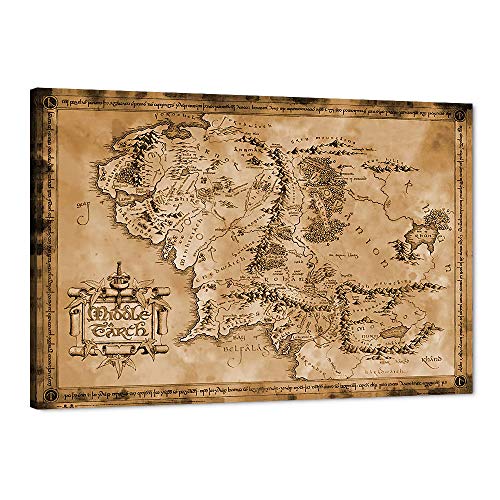 Retro Lord of the Rings Map Giclee Canvas Painting Pictures Posters Map of Middle Earth Art Print Contemporary Home Wall Decor for Classroom Study Room Lord of the Rings Fans Gift Choice-36Wx24H