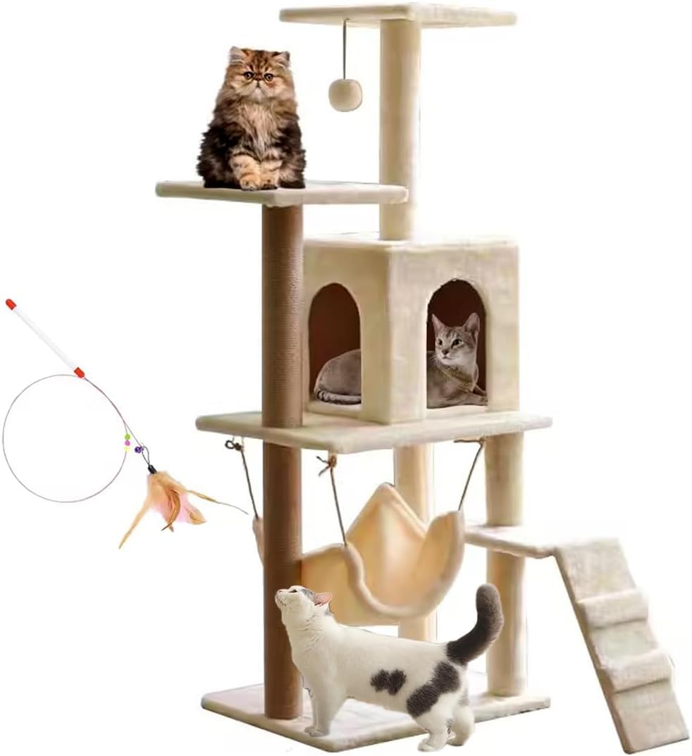 DAN HOM Cat Tree, Large Cat House for Indoor Cats, Premium Cat Tree for Climbing and Scratching - Durable Multi-Level Cat Condo for Happy and Healthy Felines, (130X60) Colour (Beige)