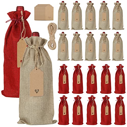 Lot de 24 sacs pour bouteilles avec cordon de serrage,En toile de jute,Réutilisable,Avec étiquettes vierges et cordes pour Noël, mariage, anniversaire, voyage, beige, Sacs pour bouteilles de vin Cover