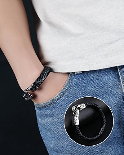 Image of Young & Forever Men's Genuine Braided Leather and Titanium Steel Bracelet | Bold Punk Tiger Eye Bead & Multi-Strand Wrist Bands | Vintage Nautical Clasp & Animal Head Hook Hook Kada Style Options