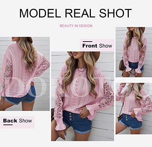 Image of Dokotoo Womens Crewneck Crochet Lace Long Sleeve Hollow Out Cable Knit Sweaters Pullover Tops