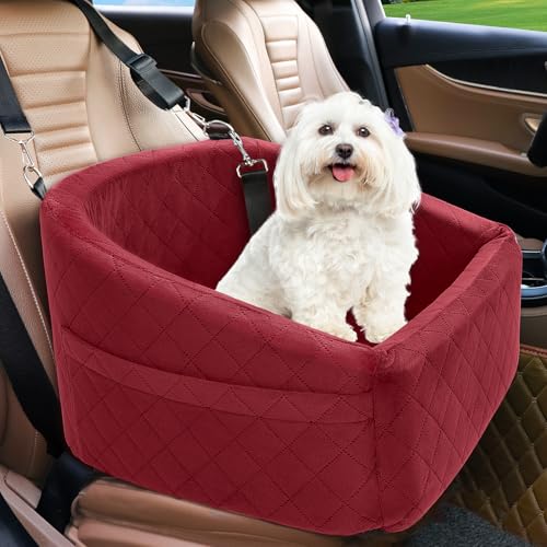 NEEZUKAR Dog Car Seat for Small Medium Dogs,Detachable Washable Dog Booster Seat Under 30lbs, Pet Car Seats Travel Bed with Storage Pockets and Safety Belt(Red)