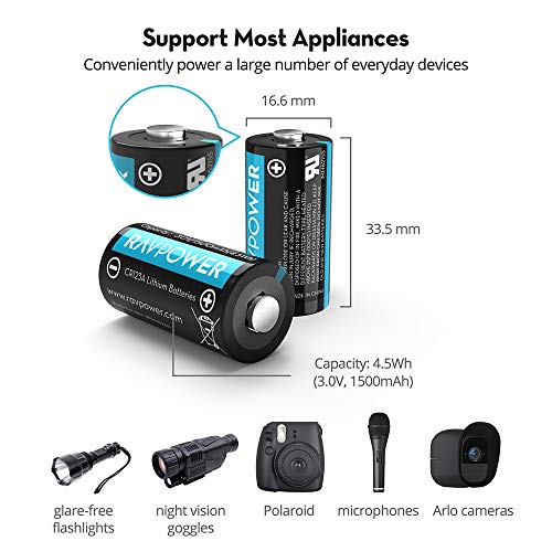 CR123A 3V Lithium Battery RAVPower Non-Rechargeable Lithium Batteries [16 Pack 1500mAh Each] 10 Years of Shelf Life for Arlo Cameras Polaroid Flashlight Microphones [CAN NOT BE RECHARGED] - Thumbnail 4