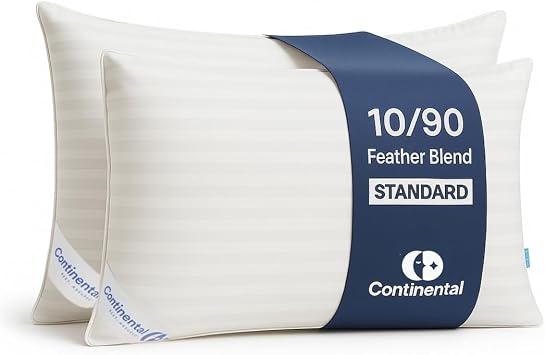 Continental Bedding Side Sleeper Feather Down Pillow, 10% Down 90% Feather Fill, Medium 6 inch Loft, 300TC 100% Cotton Shell