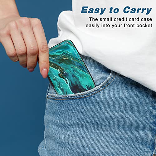 Image of Credit Card Holder, Mini Aluminum Card Wallet RFID Blocking Slim Metal Hard Card Case for Women Men, Ocean Marble