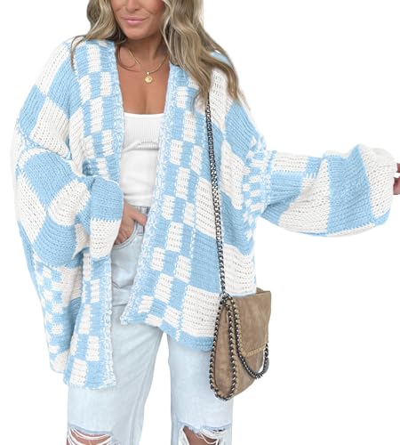 Image of BTFBM Casual Cardigan Sweater for Women Fall 2026 Long Sleeve Open Front Chunky Knit Sweaters Checkered Outwear Coat