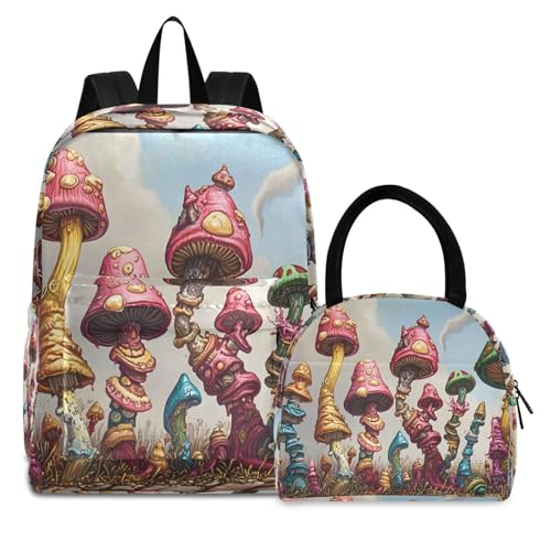 Magical Mushrooms Print Backpack Set with Lunch Bag, Large Capacity Travel Backpacks and Lunch Box Insulated for Commute Hiking Picnic