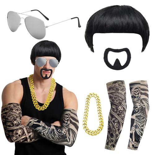 YAUOIPI 6 Pcs Ibiza Final Boss Costume Accessory Set 60s 70s 80s Funny Bowl Cut Wig Fake Goatee Beard Gold Thick Chain Silver Glasses Fake Tattoo Sleeves Mushroom Wig for Festivals Parties (Black)