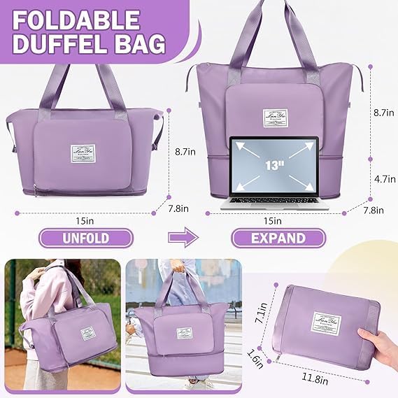 Image of JD Fresh 41 Liter Foldable Travel Bags for Women /Nylon Duffle Bags /Expandable Vanity Travelling Luggage Handbags /Waterproof & Lightweight Shopping Bag for Personal Items (Purple)