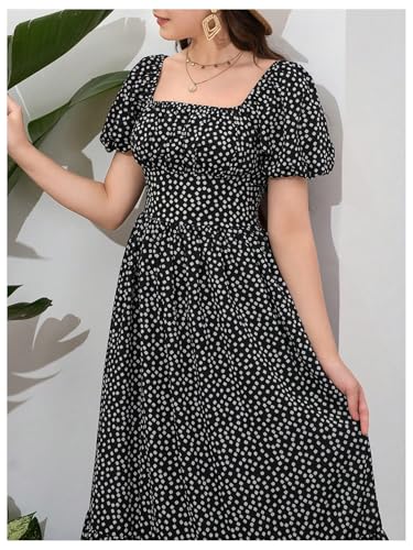 SHENHE Girl's Floral Maxi Dress Puff Sleeve Square Neck Smocked A Line Ruffle Flowy Sundress4