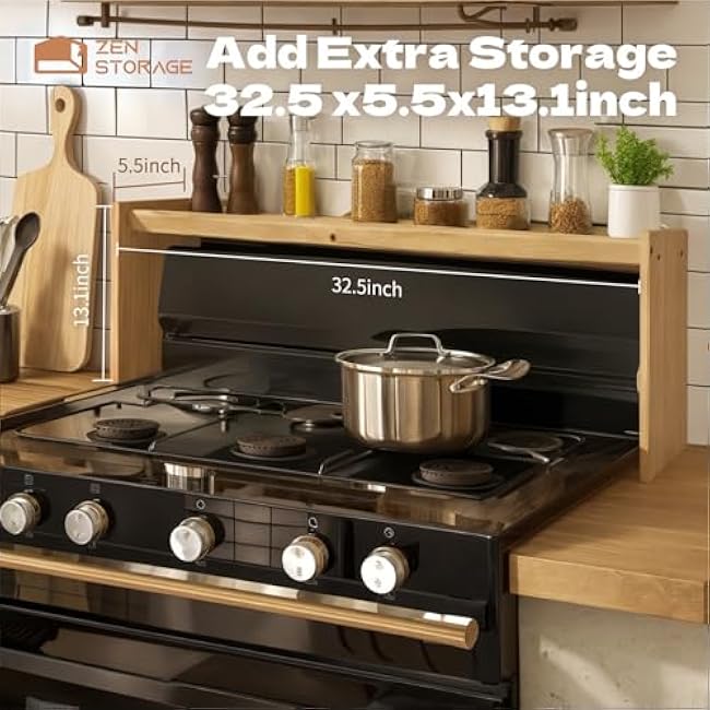 Stove Top Shelf Bamboo, 32.5 Over Stove Spice Rack Organizer, Kitchen Above Stove Shelf for Seasoning, Heat Resistant Back of Stove Shelf for Countertop Flat & Uneven Stove Top, 6 Hooks