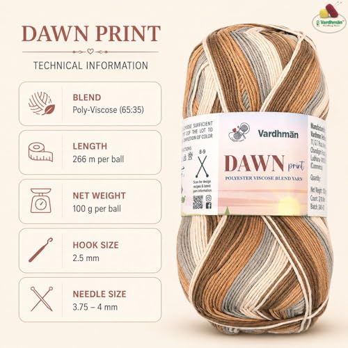 Image of Vardhman Dawn Print Polyester Viscose Soft Yarn for Knitting, Crochet & DIY Craft Projects | Ideal for Garments, Toys, Accessories & Home Decor | Pack-1 Ball, 100g Each DCD003