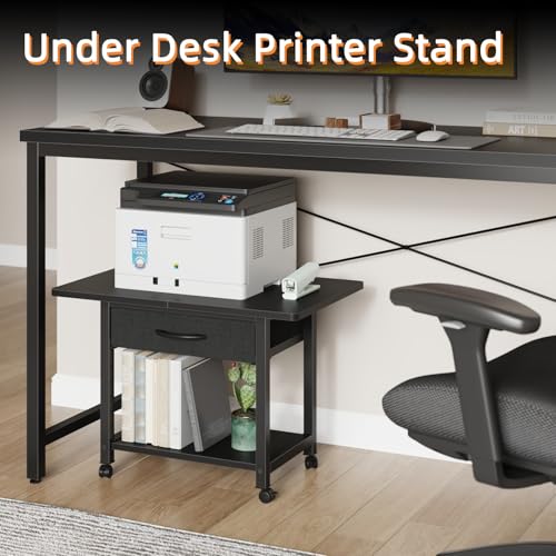Image of YAOHUOO 22 inchx15 inch Large Printer Stand with Drawer, 2-Tier Rolling Table Cart | Under Desk Printer Table,Storage Fabric Drawer,Fit printer /fax /3d /scanner,4 Lock Wheels or Feet,For Home Office Dorms,Black