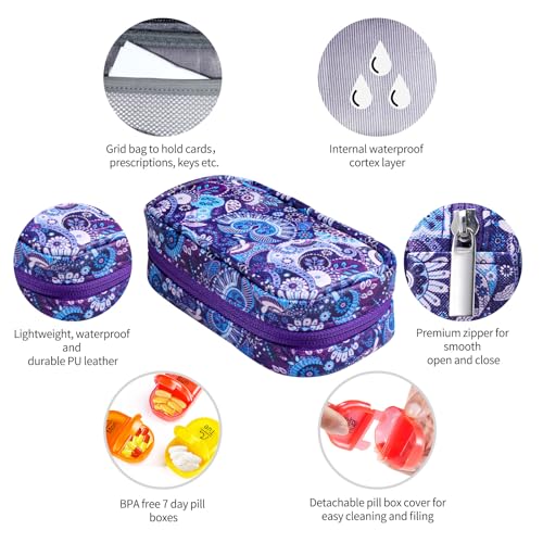 Image of Serfeymi Weekly Travel Pill Organizer 2 Times A Day AM PM Upgraded Rainbow Pill Box 7 Day with Portable Zipper PU Leather Pill Case, Medicine Organizer for Pills, Vitamins, Fish Oils - Purple-01
