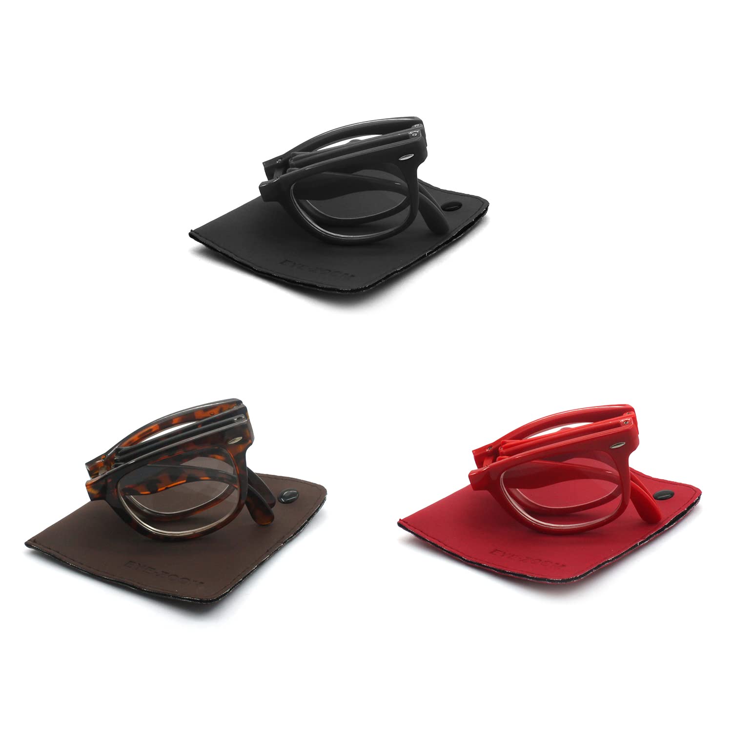 EYE ZOOM 3 Pack Unisex Retro Plastic Folding reading glasses with Pouch (Multi-color, +1.50)