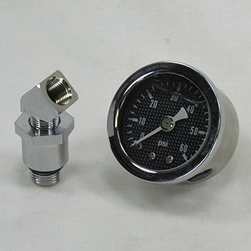 Marshall 60 psi Oil Pressure Gauge w/Adapter Fitting 1970-Later Harley Big Twin, Shovelhead, Evolution - Shock Proof, Liquid Filled - Carbon Fiber Style Gauge Face - Bobber Chopper