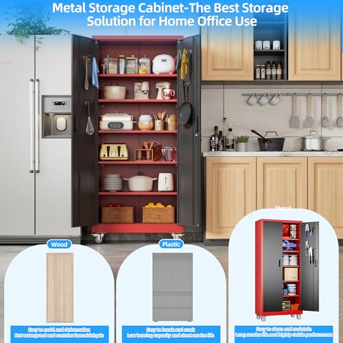 Image of Aobabo Upgrade 71H''*32''W*16''D Metal Garage Storage Cabinet with Wheels and Pegboards, 5 Adjustable Shelves Steel Storage Cabinets for Home,Warehouse,Garage,Assembly Required,Black Red
