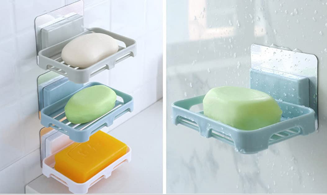TINSICO Adhesive Soap Holder for Bathroom(Pack of 4 Random Color), Wall Mounted Soap Stand for Kitchen, Soap Holder for Wash Basin, Self Draining Soap Holder Rack with Magic Sticker, 12.5x9x2 cm, - (Plastic)