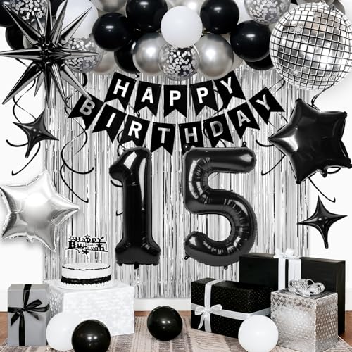 15th Birthday Decorations for Boys, Black Silver Happy Birthday Party Set