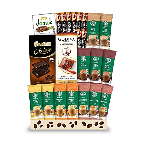 Panier à café instantané cadeau de Noël -23 pcs- Cappucino, moka, caramel et latte à la vanille - Godiva Caramel - Pistache Laiteux Nestlé - Idée de boîte-cadeau de chocolat pour les amateurs de café