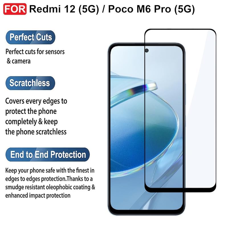 Image of Edge To Edge Tempered Glass For Redmi 12 5G / Redmi 12 / Poco m6 proWith Easy Self Installation Kit