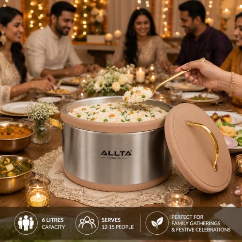 Image of ALLTA Elegant Stainless Steel Casserole 6 Litre | Premium Insulated Hot Pot with Leather-Finish Lid & Gold Handles | Keeps Food Hot 6-8 Hours | Serves 12-15 | Festive & Gifting Casserole (6000ml)