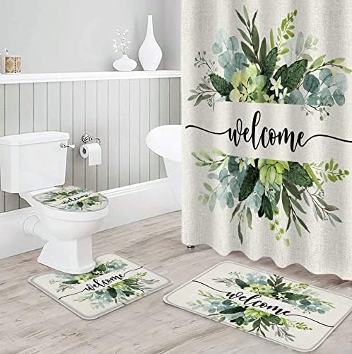 4 Piece Bathroom Set, Eucalyptus Leaves Shower Curtain and Bath Mat Set with Non-Slip Rug, Toilet Lid Cover, Bath Mat, Welcome Spring Floral Summer Botanical 72″ W x 72″ L Shower Curtains Set