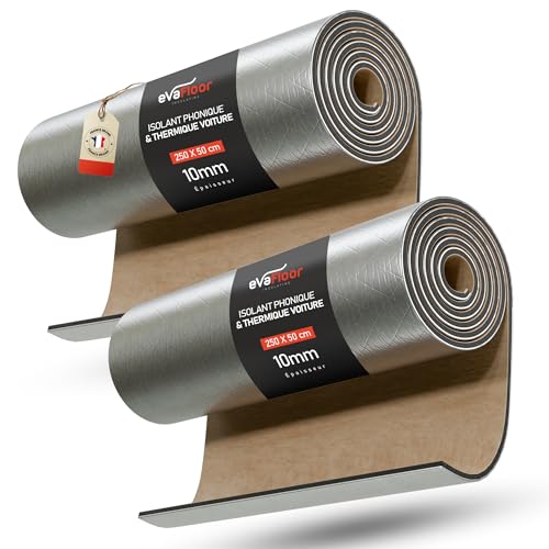 EVAFLOOR Isolation Phonique Voiture Autocollant 250 x 50 cm - Épaisseur 10 mm | Isolant Thermique Voiture | Parfait pour Voitures, Vans et Campers | Température Maximale 110 °C / Minimale -50 °C